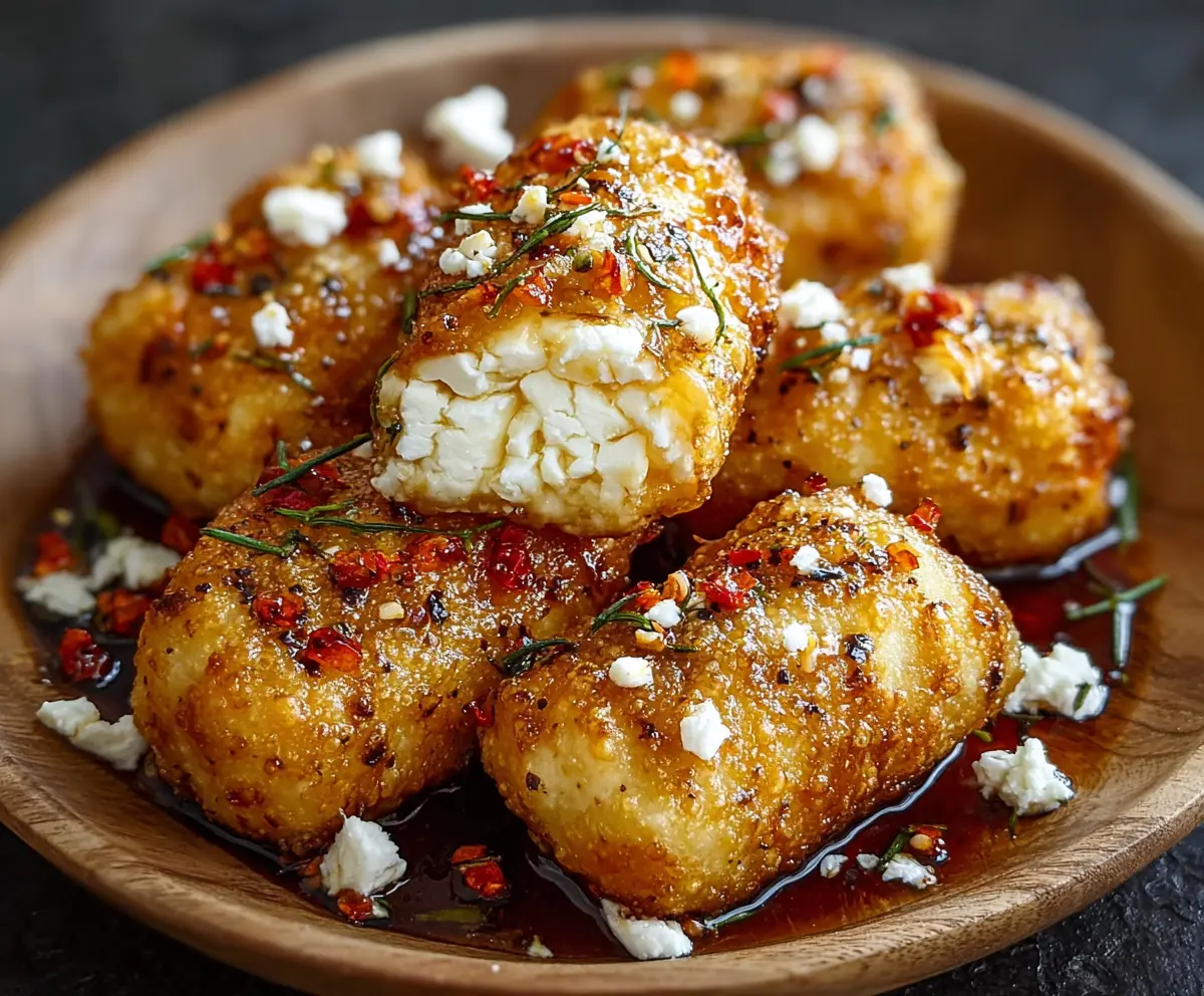 Crispy oven-fried feta cheese rolls drizzled with chili honey served on a white plate