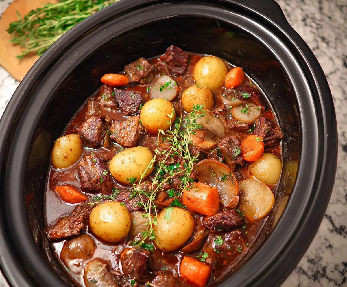 Delicious slow cooker Beef Bourguignon with tender beef, mushrooms, and rich red wine sauce.