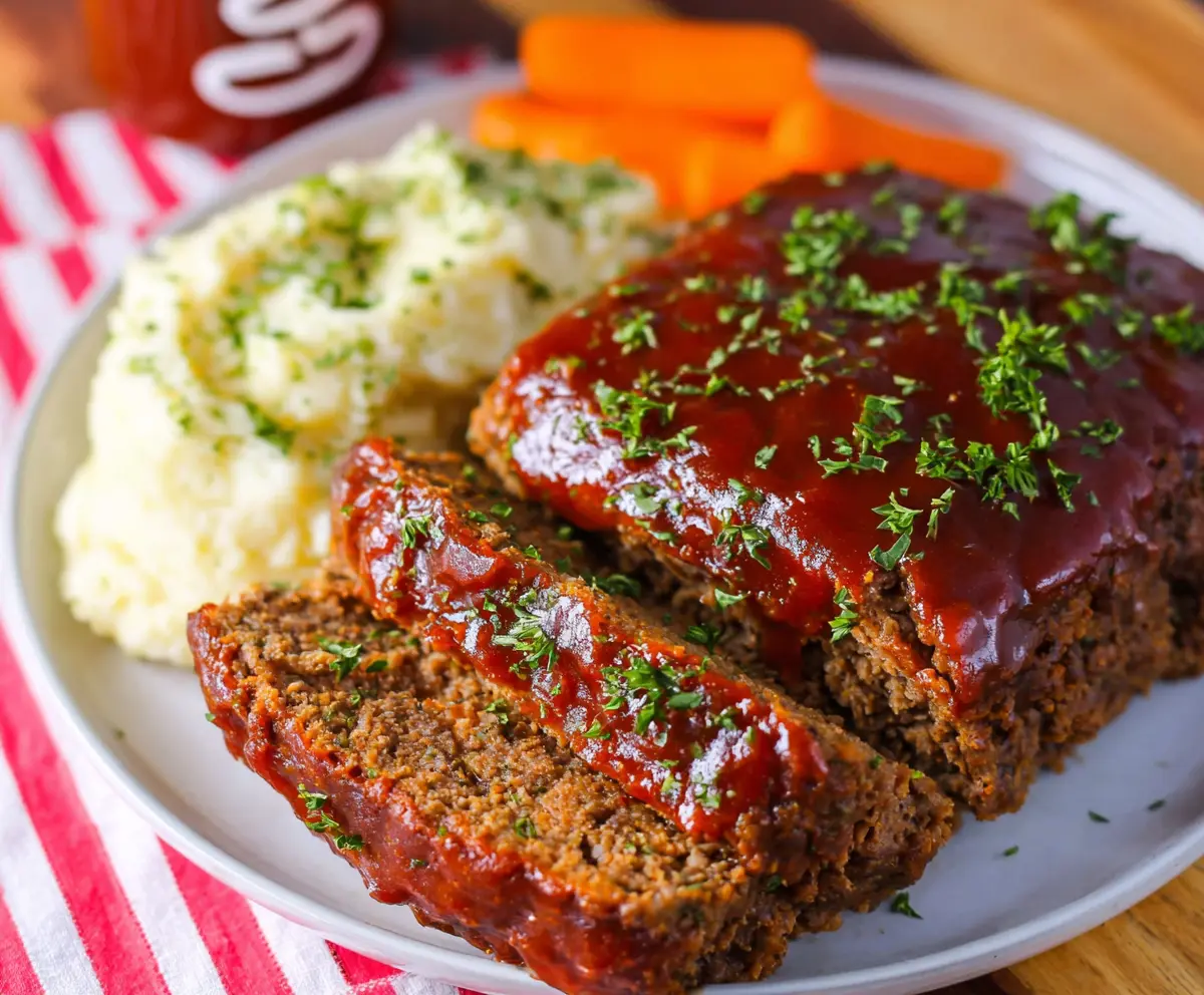 Delicious Crockpot Dr. Pepper Meatloaf served on a plate with fresh vegetables