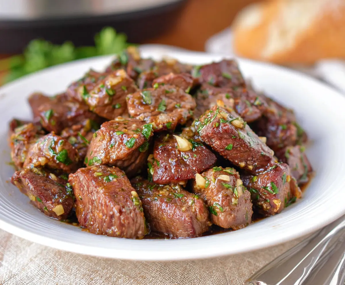 Delicious crockpot garlic butter steak bites served on a plate, perfect for a savory dinner.