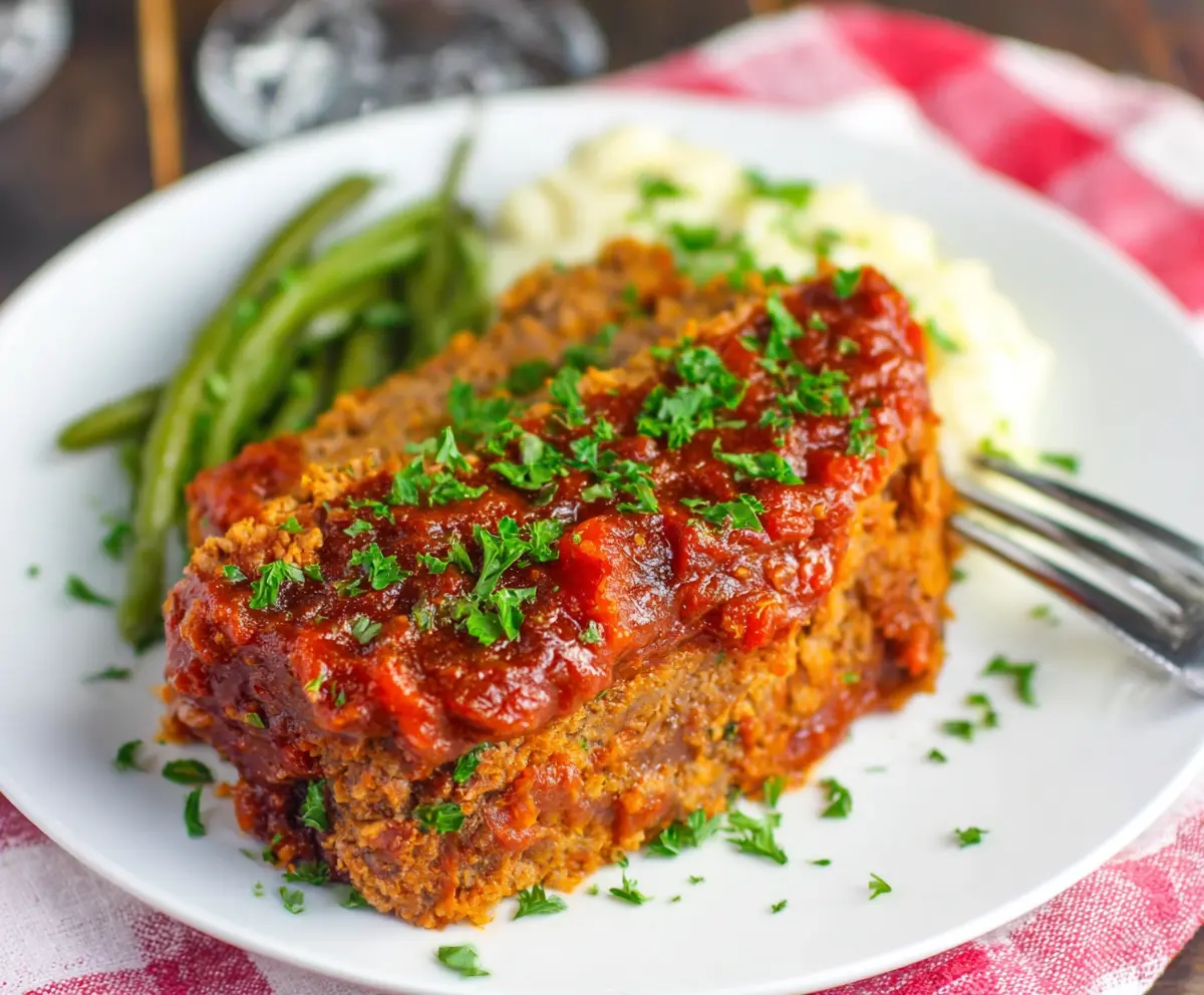 Delicious Crockpot Sloppy Joe Meatloaf served on a plate with fresh sides.