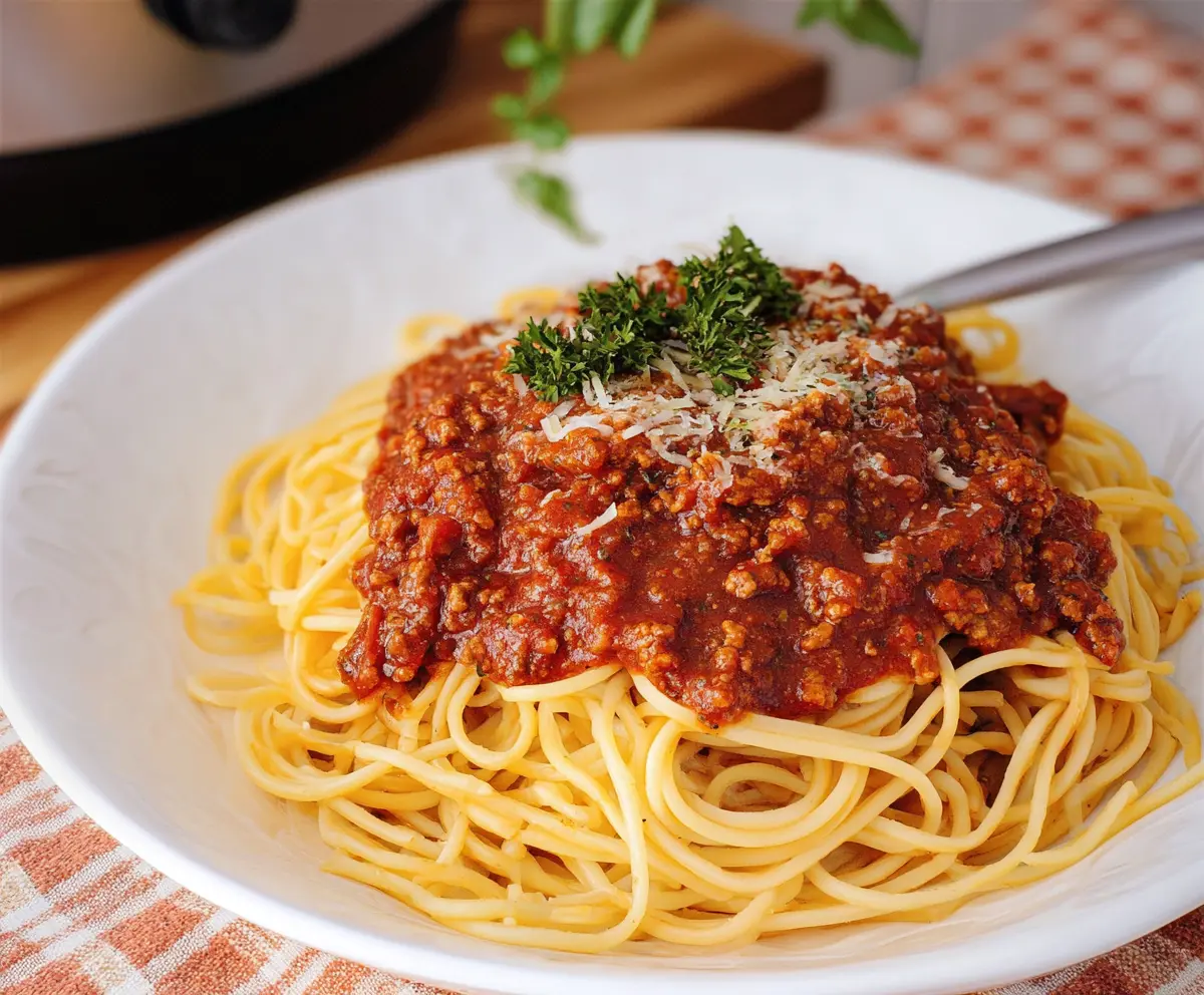 Delicious Crockpot Spaghetti with rich meat sauce ready to serve