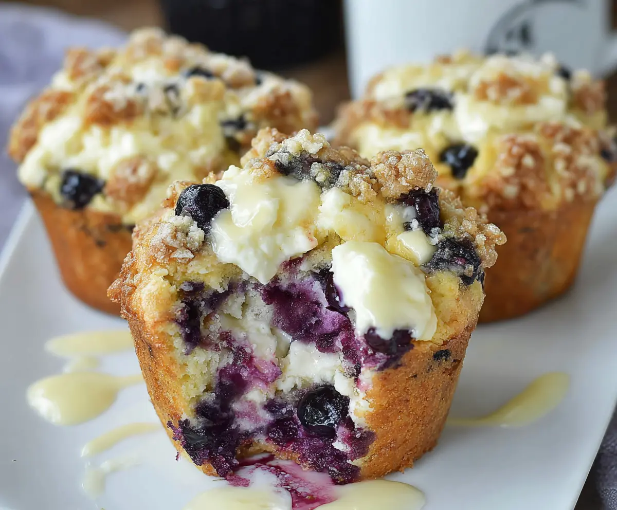 Freshly baked blueberry muffins with creamy cream cheese filling, perfect for breakfast or snacks.