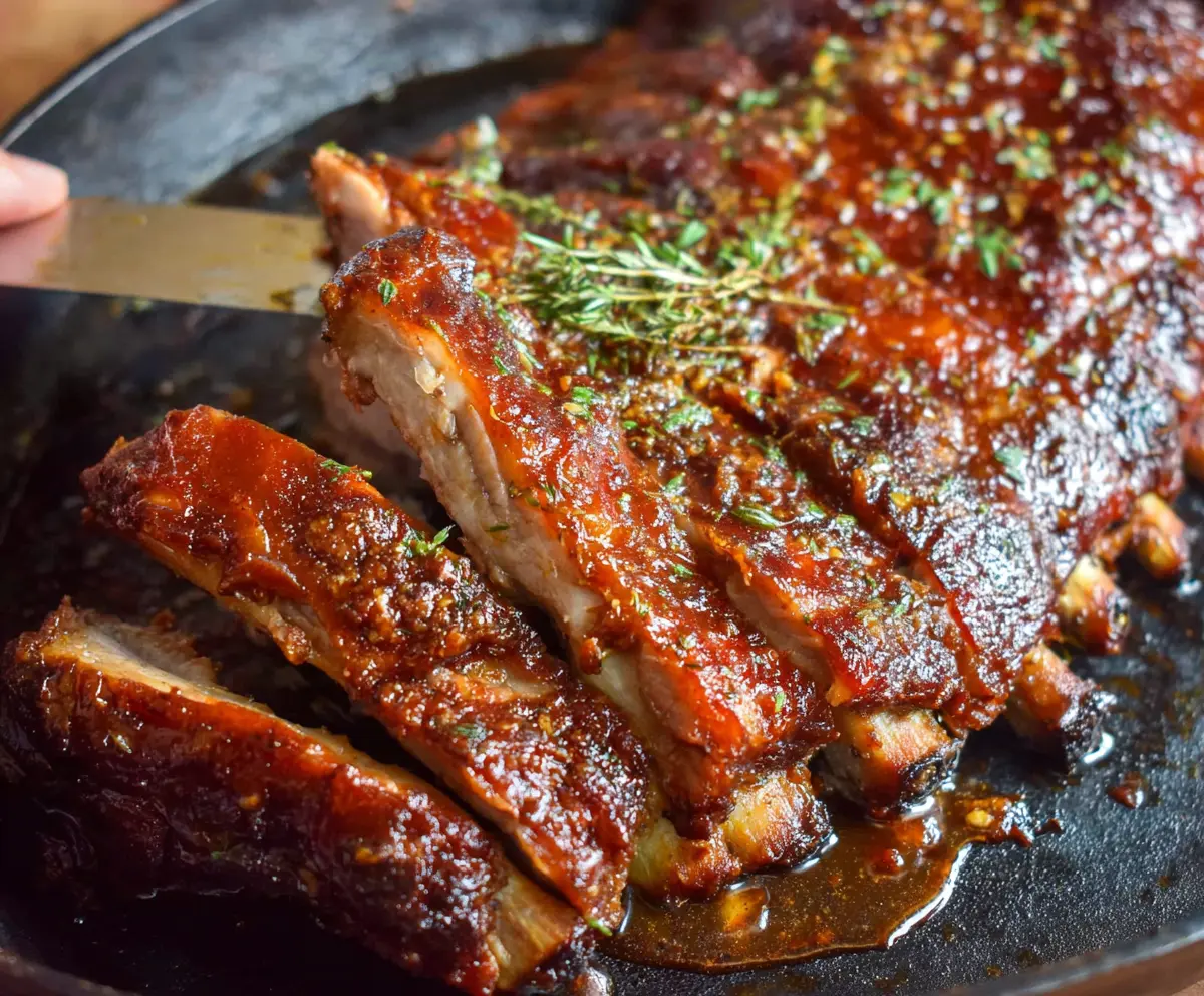 Juicy, tender fall-off-the-bone ribs glazed with smoky barbecue sauce on a rustic plate.