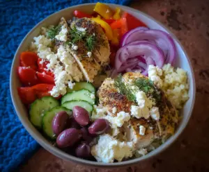 Delicious Greek Chicken Bowl with fresh vegetables, feta cheese, and seasoned grilled chicken on a vibrant plate.