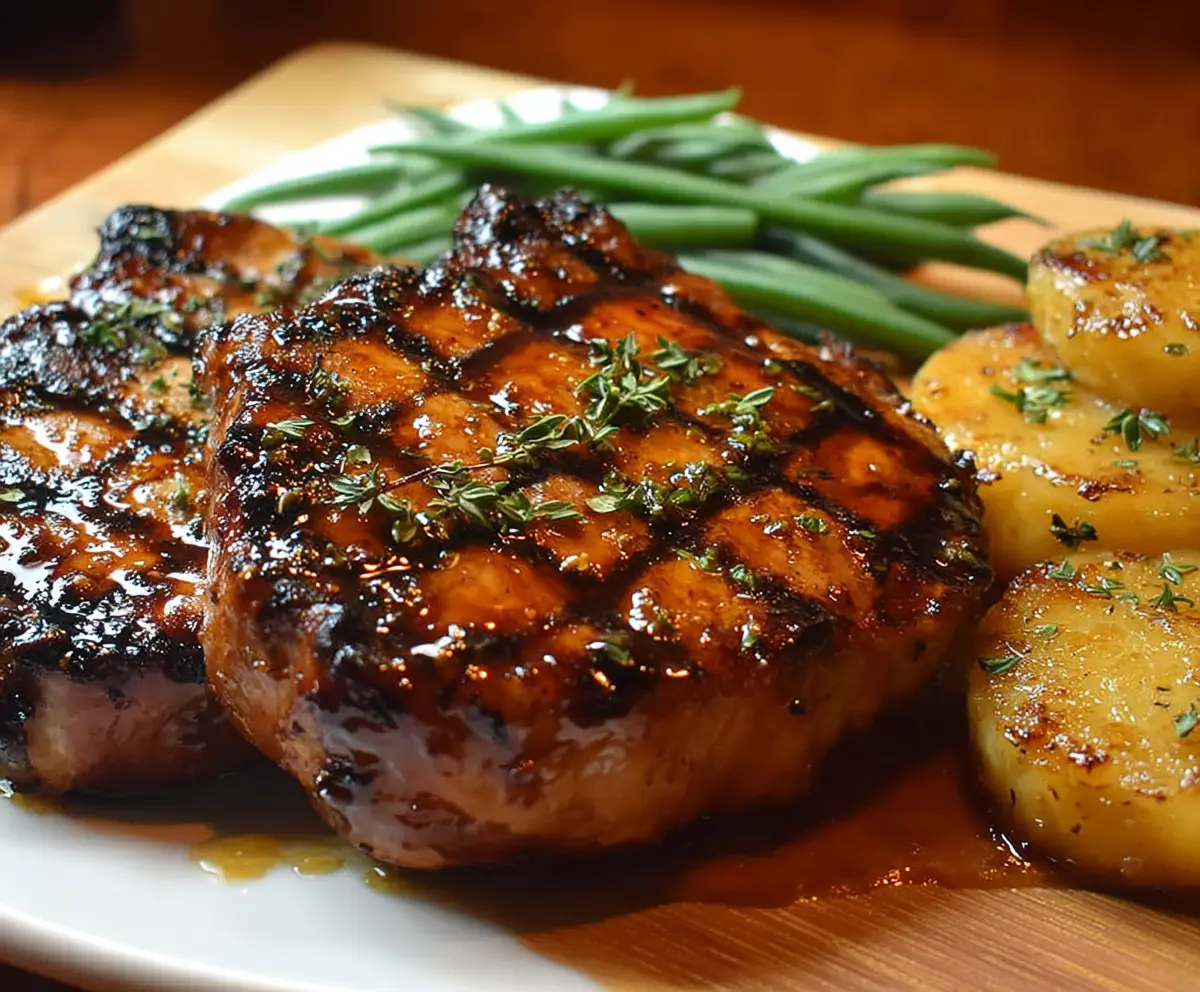Juicy grilled brown sugar pork chops served on a plate with a side of vegetables.