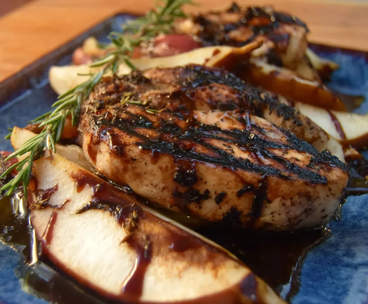 Delicious grilled pork chops served with balsamic caramelized pears on a rustic plate.