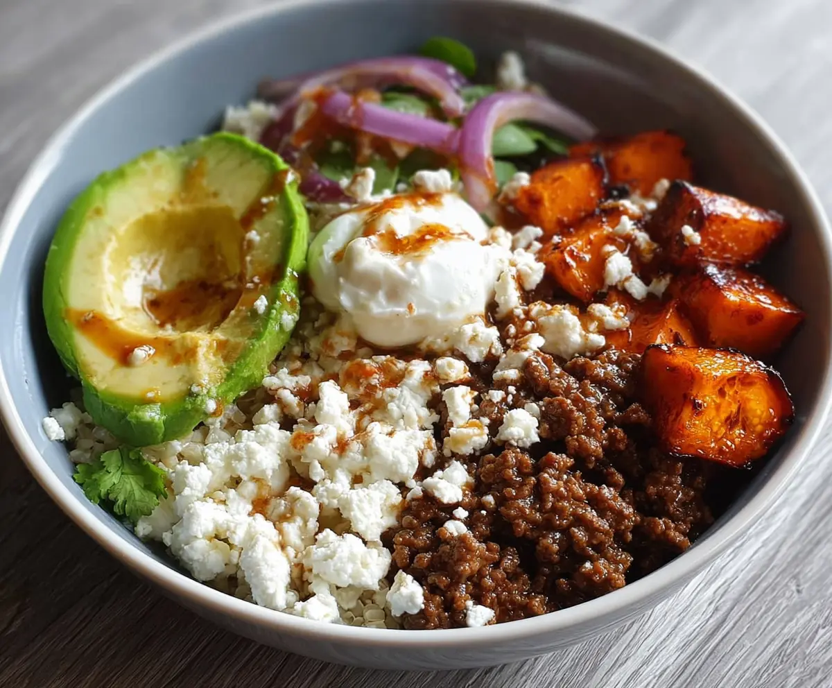Delicious Ground Beef Power Bowl topped with fresh avocado and cottage cheese for a healthy meal.