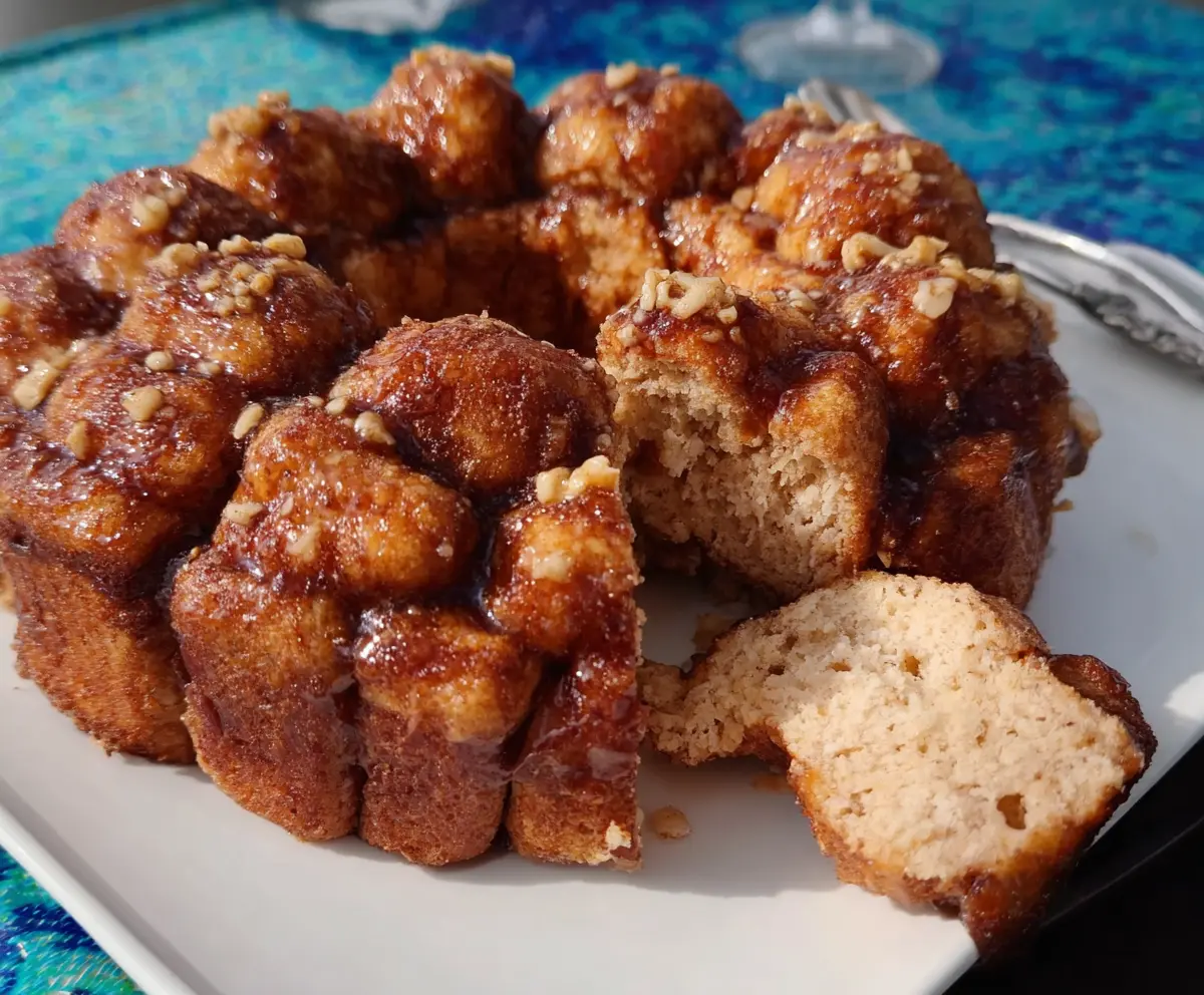 Healthy banana and almond monkey bread served fresh on a rustic plate.