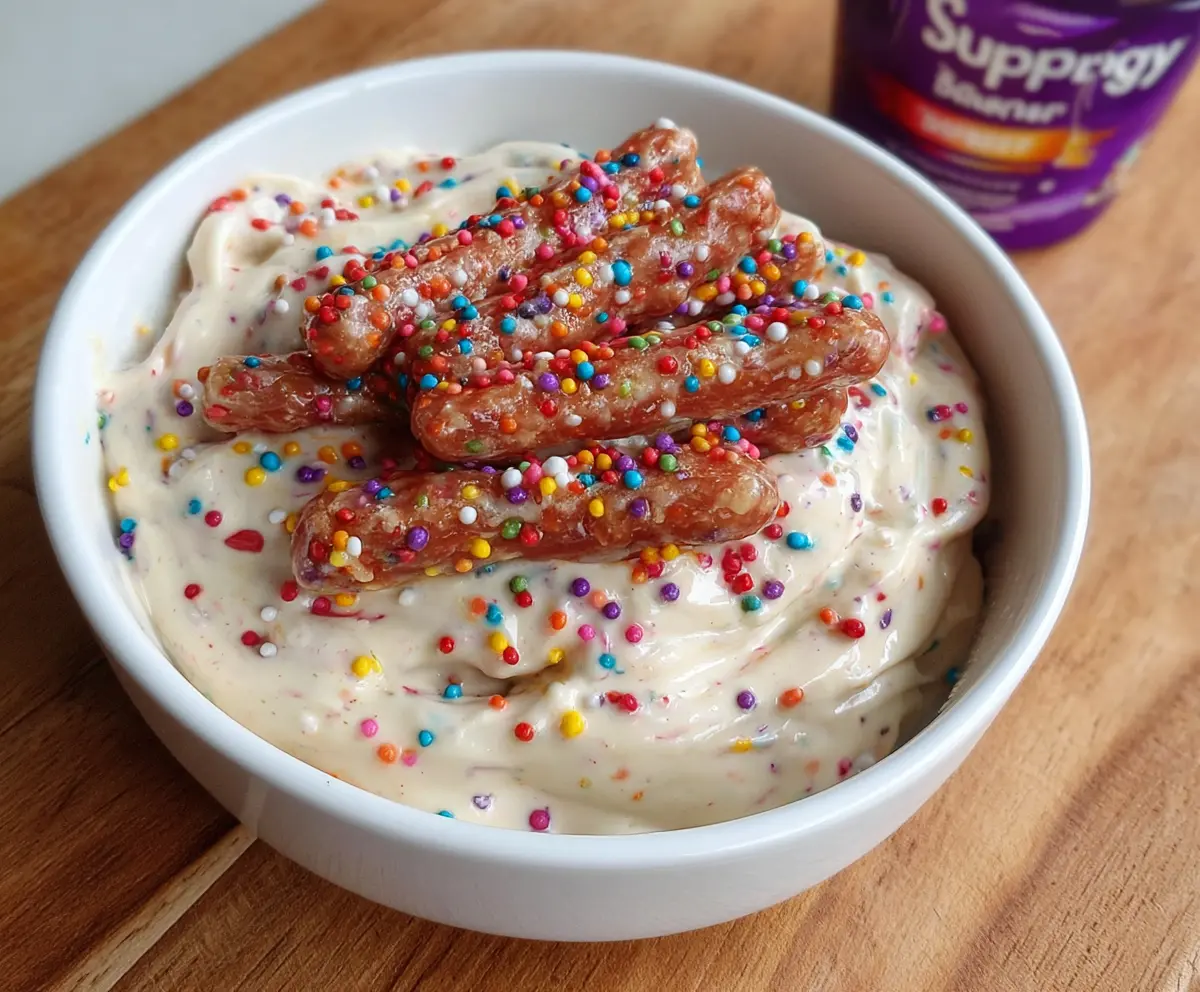 High protein cake batter dip with creamy texture and vibrant toppings