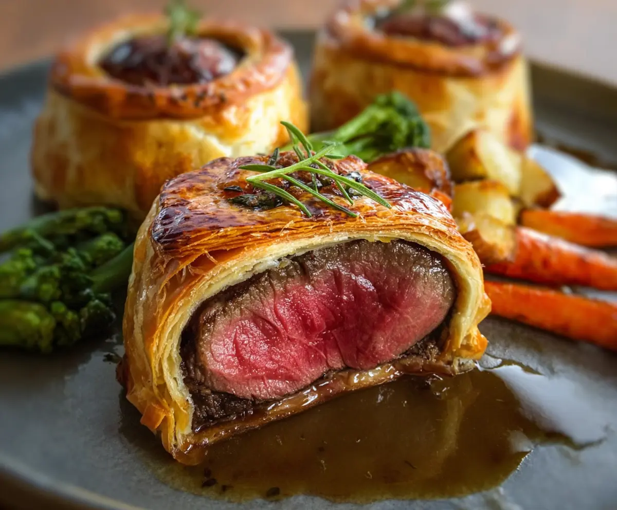 Delicious individual beef Wellingtons with golden pastry and tender beef fillet served on a white plate