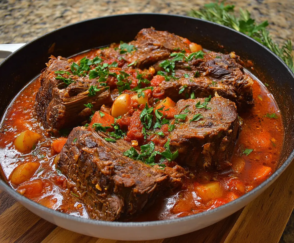 Delicious Italian Pot Roast (Straccato) served with tender vegetables and rich gravy.