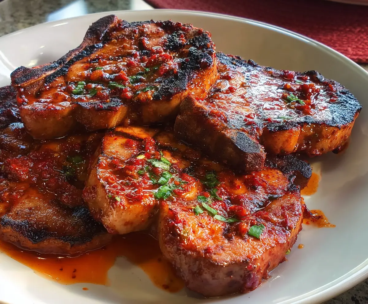 Juicy marinated spicy pork chops grilled to perfection served with fresh herbs