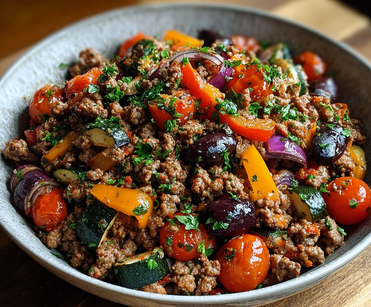Mediterranean ground beef stir-fry with colorful vegetables and herbs on a plate
