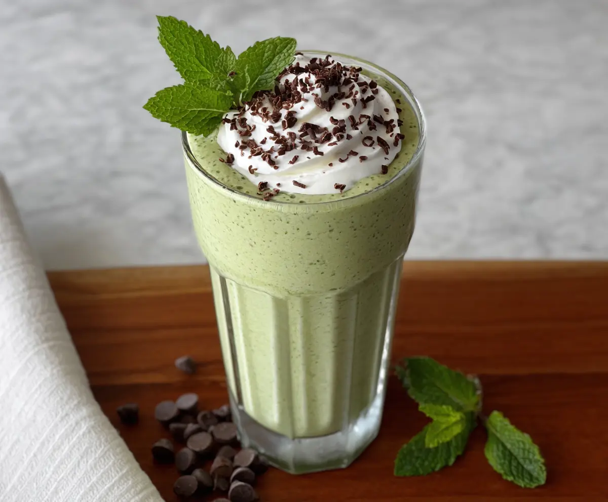Refreshing Mint Chocolate Chip Smoothie in a glass, garnished with fresh mint leaves and chocolate chips.