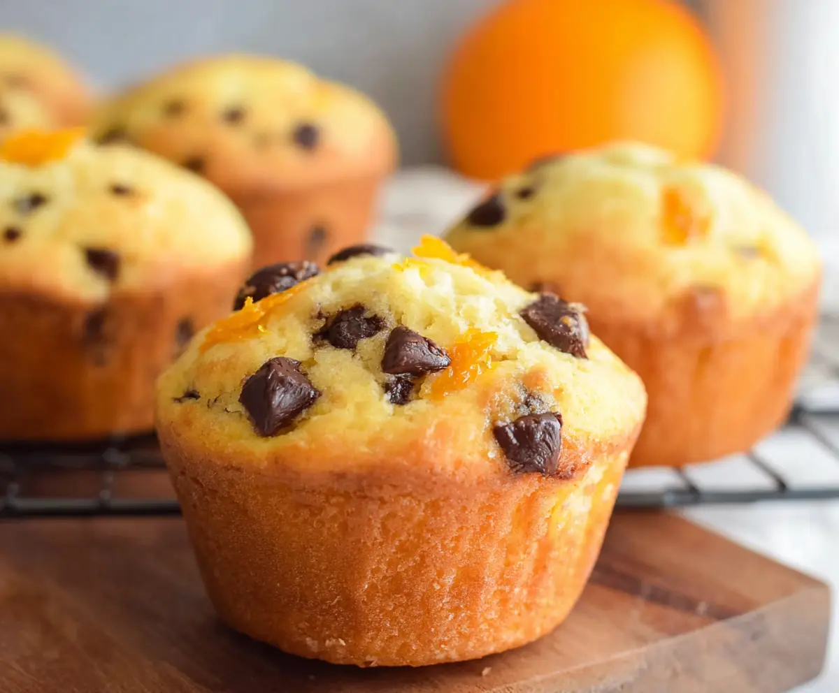 Delicious orange chocolate chip muffins with bright orange zest and melty chocolate chips on top.