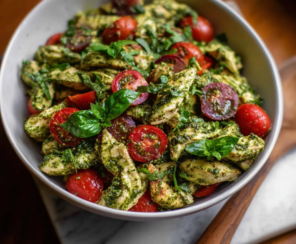 Delicious pesto chicken salad with fresh greens and cherry tomatoes on a plate