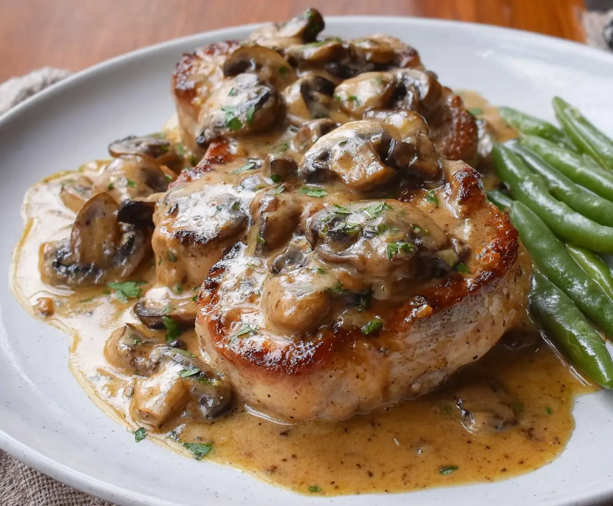 Juicy pork chops smothered in a savory garlic mushroom sauce on a plate.