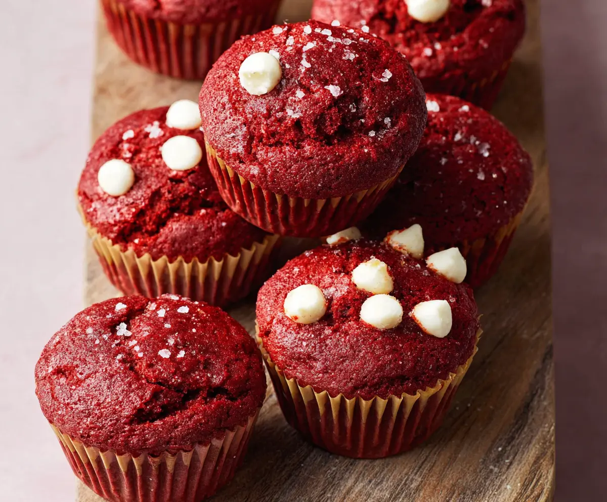 Delicious soft and fluffy red velvet muffins with cream cheese frosting on a white plate