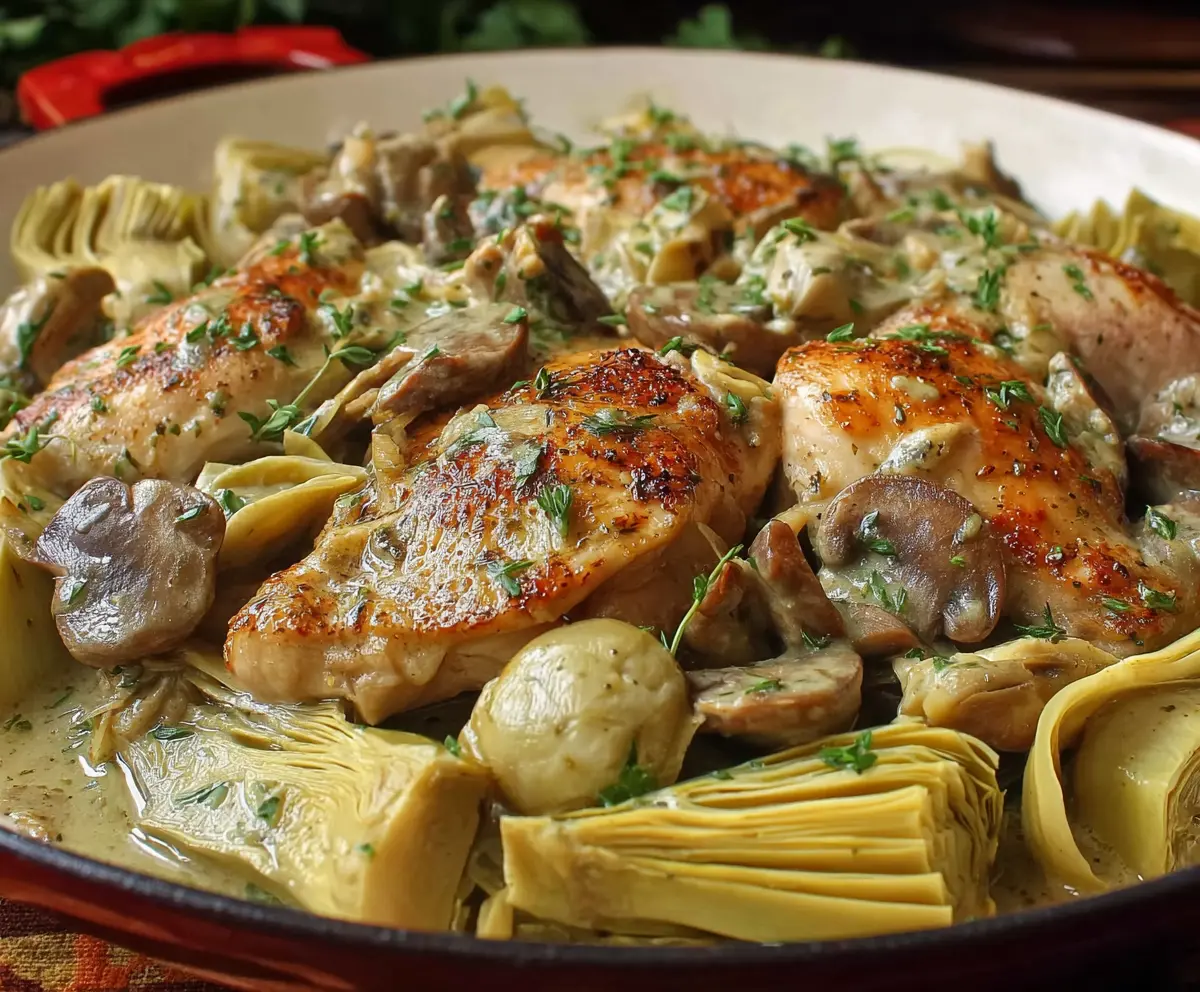 Delicious romantic chicken dish with artichokes and mushrooms, perfect for dinner.