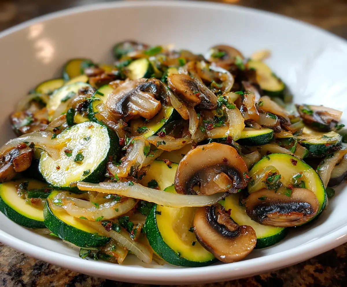 Delicious sautéed zucchini, mushrooms, and onions served on a plate for a healthy side dish.
