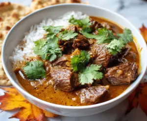 Delicious slow cooker beef coconut curry served with rice and fresh herbs