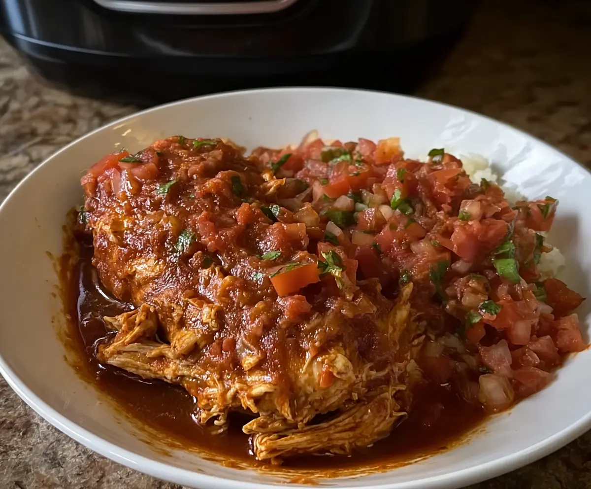 Delicious slow cooker salsa chicken served with fresh cilantro and lime slices.