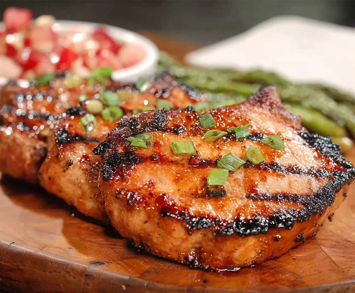 Juicy Southern Sweet Grilled Pork Chops on a plate with BBQ sauce and fresh herbs