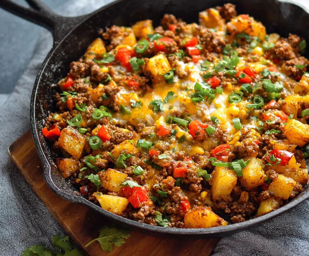 Delicious Southwest Ground Beef and Potato Skillet served with fresh herbs.