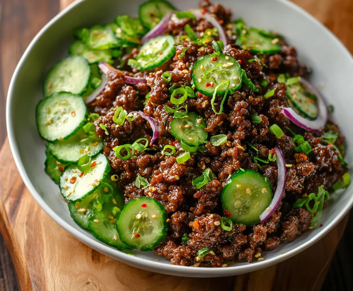 Spicy Keto Korean Ground Beef with Cucumber Salad