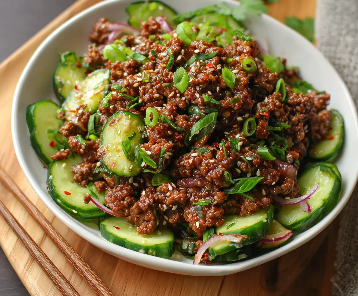 Delicious Spicy Keto Korean Ground Beef served with a refreshing cucumber salad for a low-carb meal.
