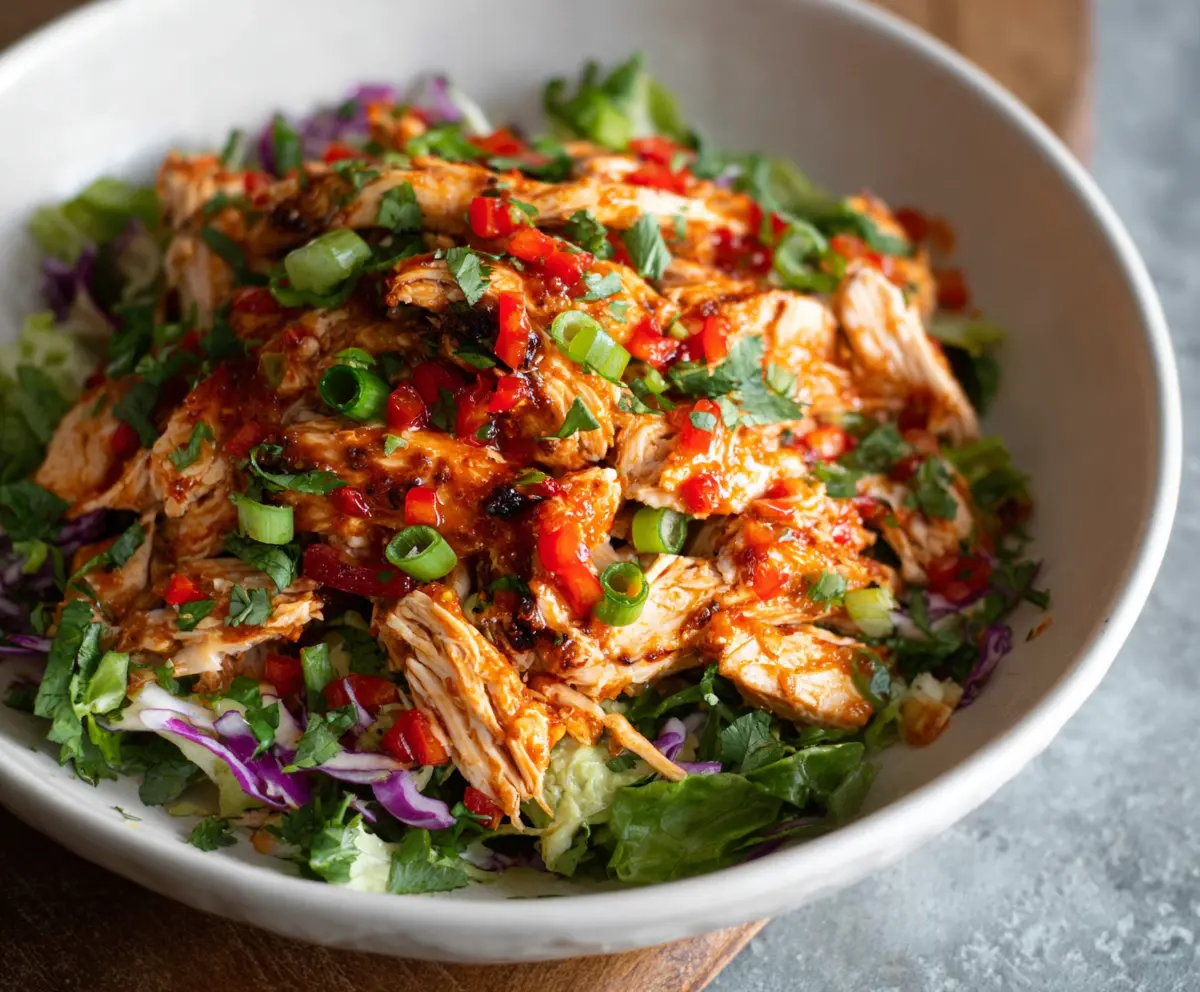 Fresh sweet chili chicken salad with colorful vegetables and herbs on a white plate.