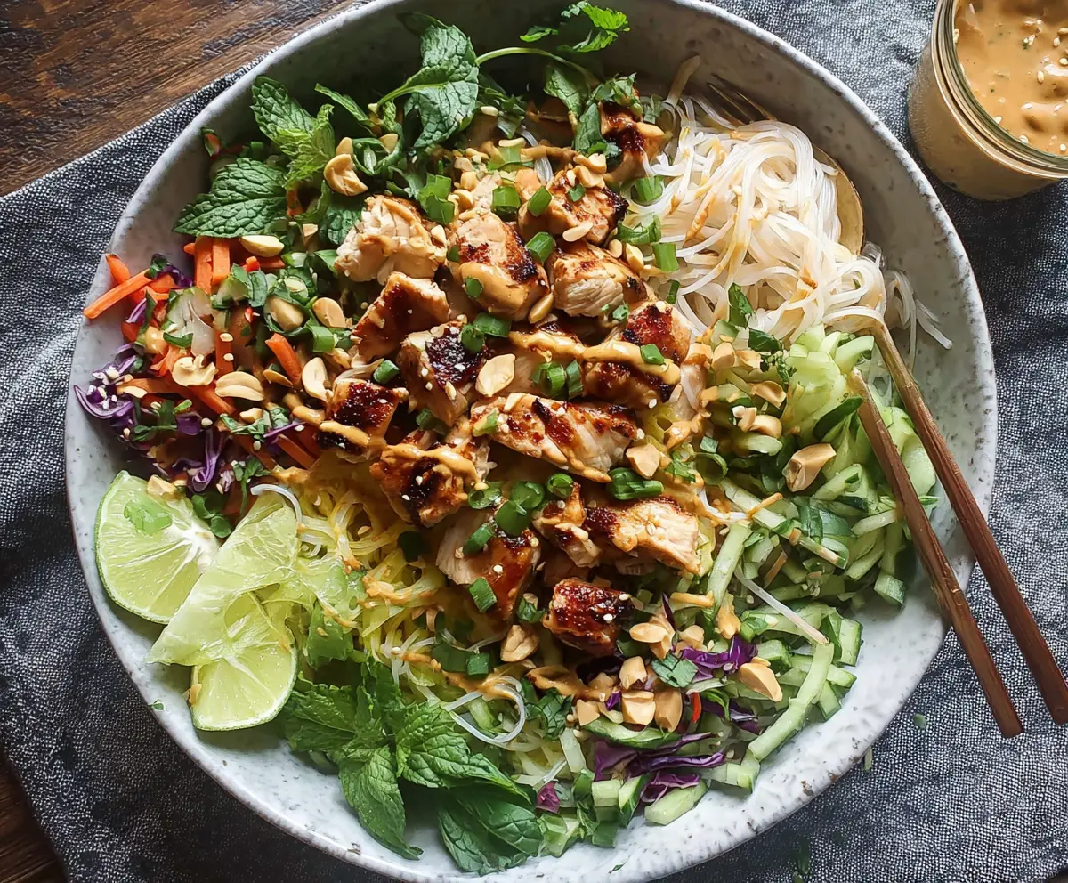 Delicious Thai Peanut Chicken Noodle Bowls garnished with fresh herbs and chopped peanuts, served in a vibrant bowl.