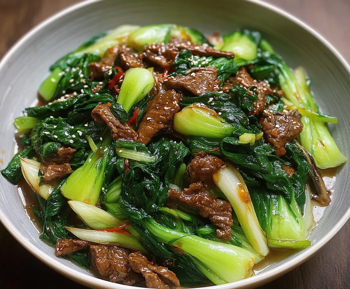 Delicious bok choy stir-fried beef dish with fresh vegetables and savory sauce
