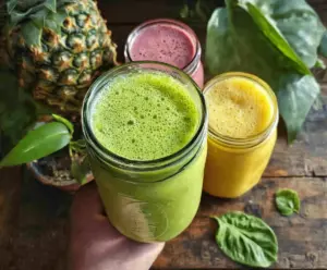 Refreshing Tropical Vibes Smoothies with fresh fruits like pineapple, mango, and passion fruit in a vibrant glass.