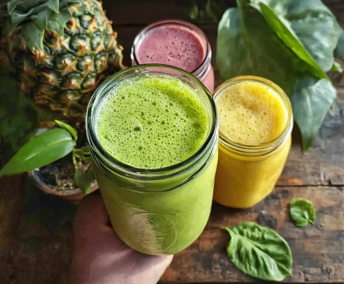 Refreshing Tropical Vibes Smoothies with fresh fruits like pineapple, mango, and passion fruit in a vibrant glass.