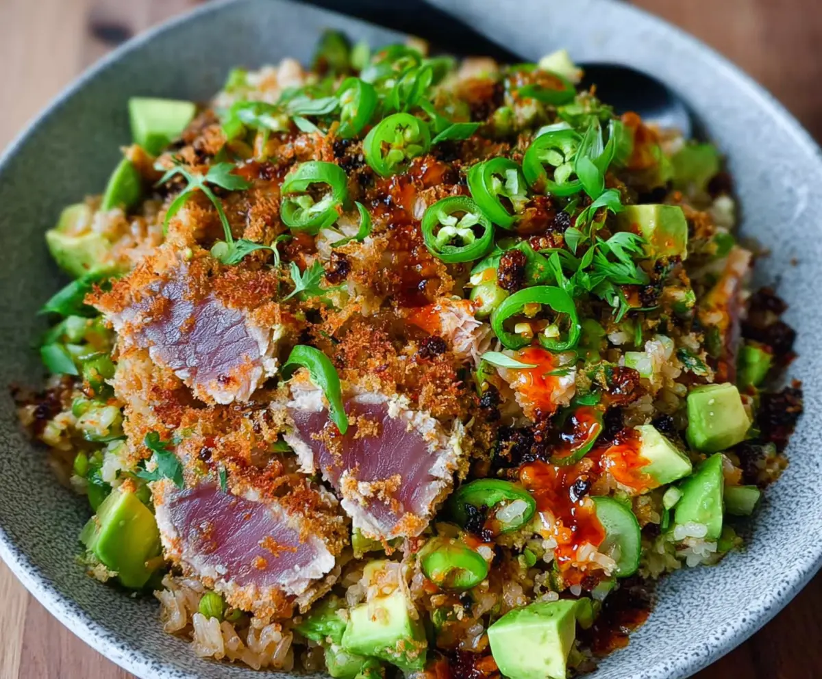 Fresh Tuna and Avocado Crispy Rice Salad served with vibrant vegetables
