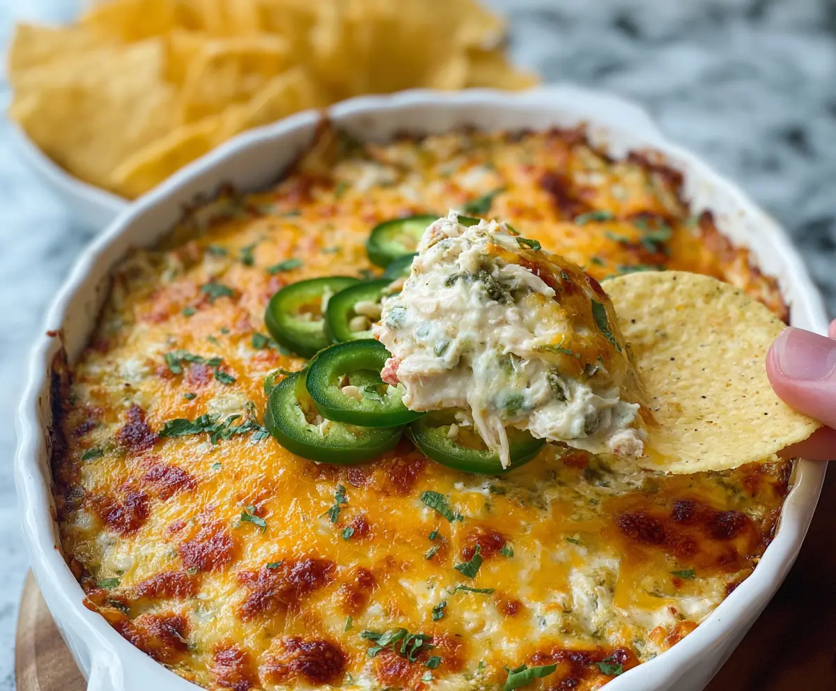 Delicious baked Chuy's Jalapeno Chicken Dip served hot with crispy tortilla chips.