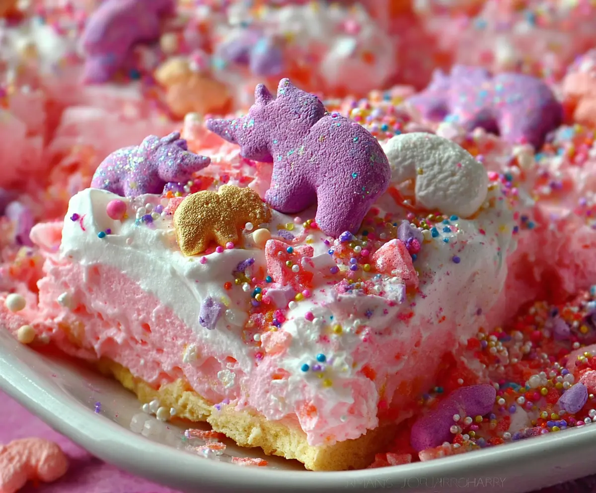 Delicious Circus Animal Cookie Lush dessert topped with colorful cookies and creamy layers.