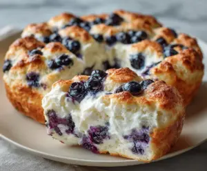 Delicious Cottage Cheese Blueberry Cloud Bread topped with fresh blueberries and a fluffy texture.