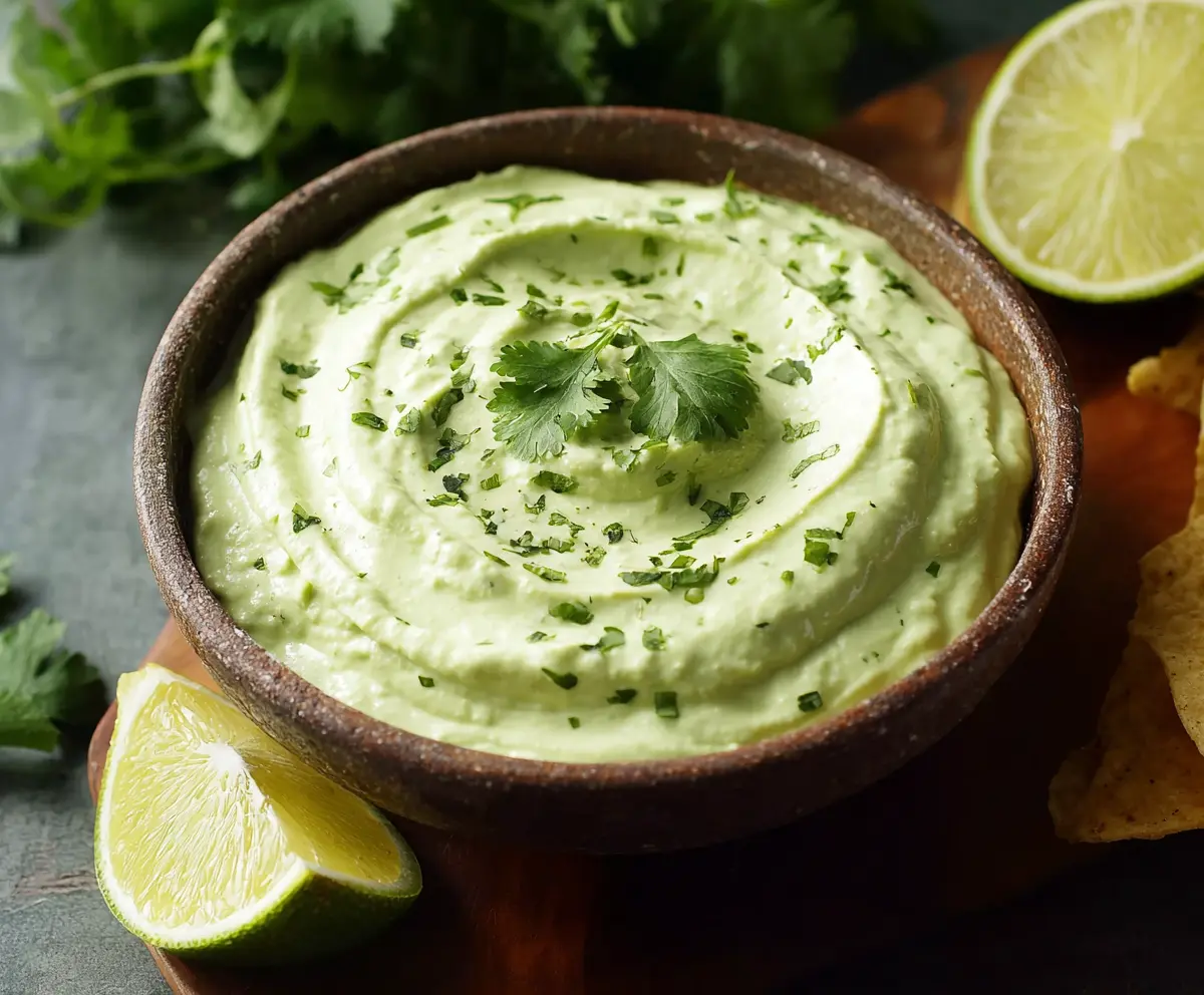 Creamy avocado cilantro lime dip served in a white bowl, garnished with fresh cilantro leaves.