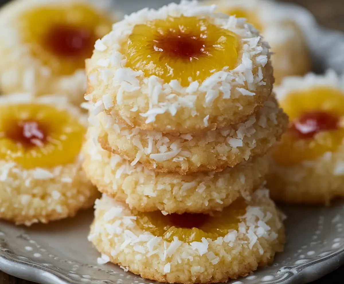 Delicious Hawaiian pineapple coconut thumbprint cookies on a plate, showcasing a tropical treat with pineapple and coconut toppings.