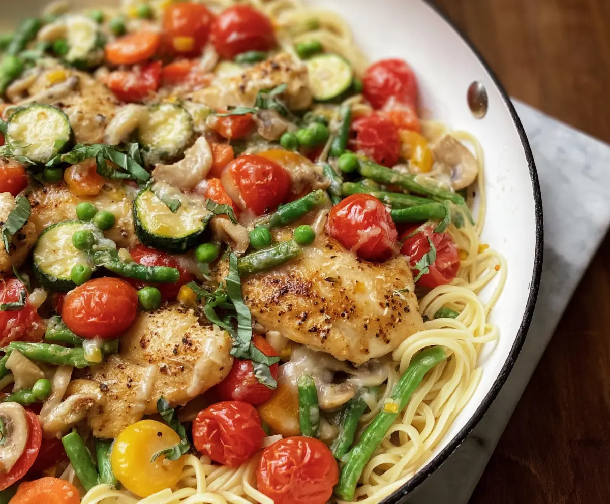 Delicious Easy Skillet Chicken Primavera with fresh vegetables and herbs.