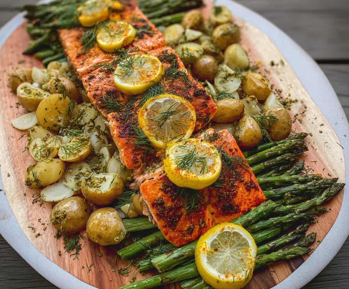Grilled Lemon Dill Cedar Plank Salmon with Potatoes and Asparagus
