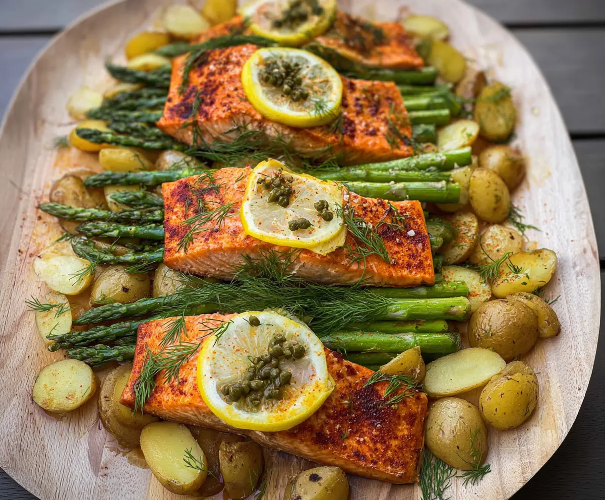Delicious grilled Lemon Dill Cedar Plank Salmon served with roasted potatoes and tender asparagus.