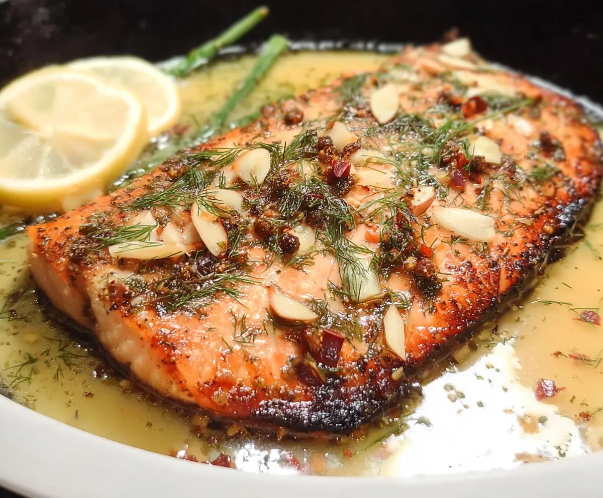 Delicious Lemon Dill Salmon with Garlic, White Wine, and Butter Sauce served on a plate