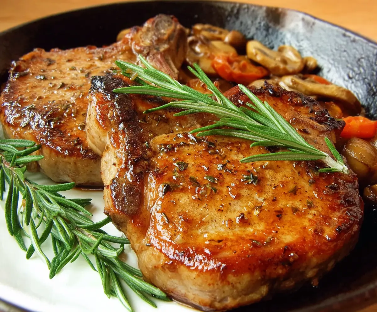 Delicious Modenese Pork Chops served with herbs and vegetables on a rustic plate