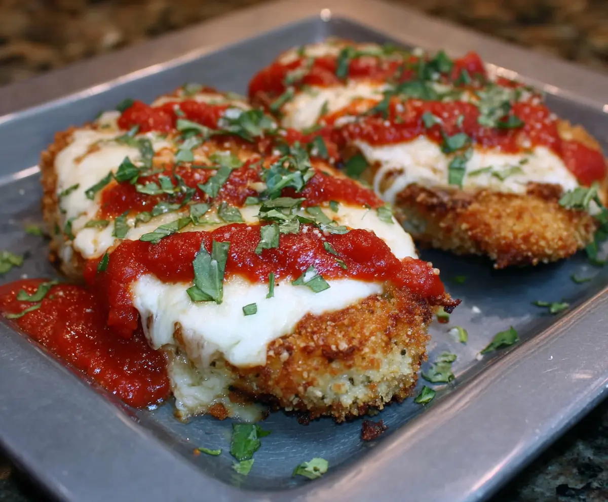 Delicious Panko-Breaded Pork Parmigiana with melted cheese and crispy breadcrumb crust served on a plate.