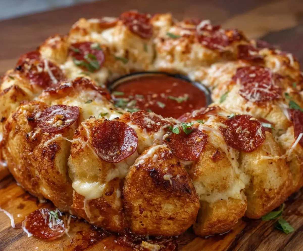 Delicious Pizza Monkey Bread topped with cheese and pepperoni, fresh from the oven.