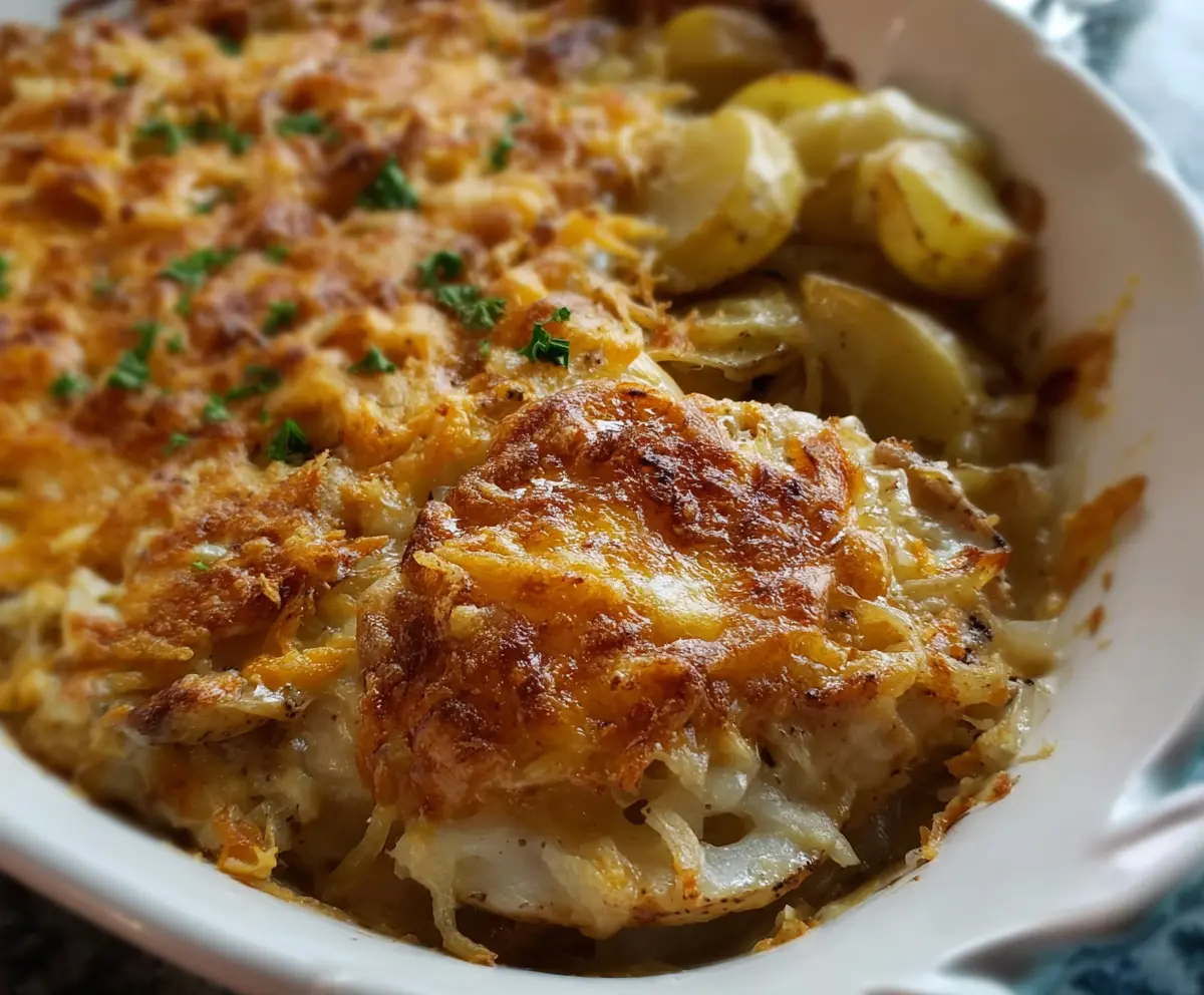 Delicious pork chop potato casserole with golden-brown crust served on a plate.